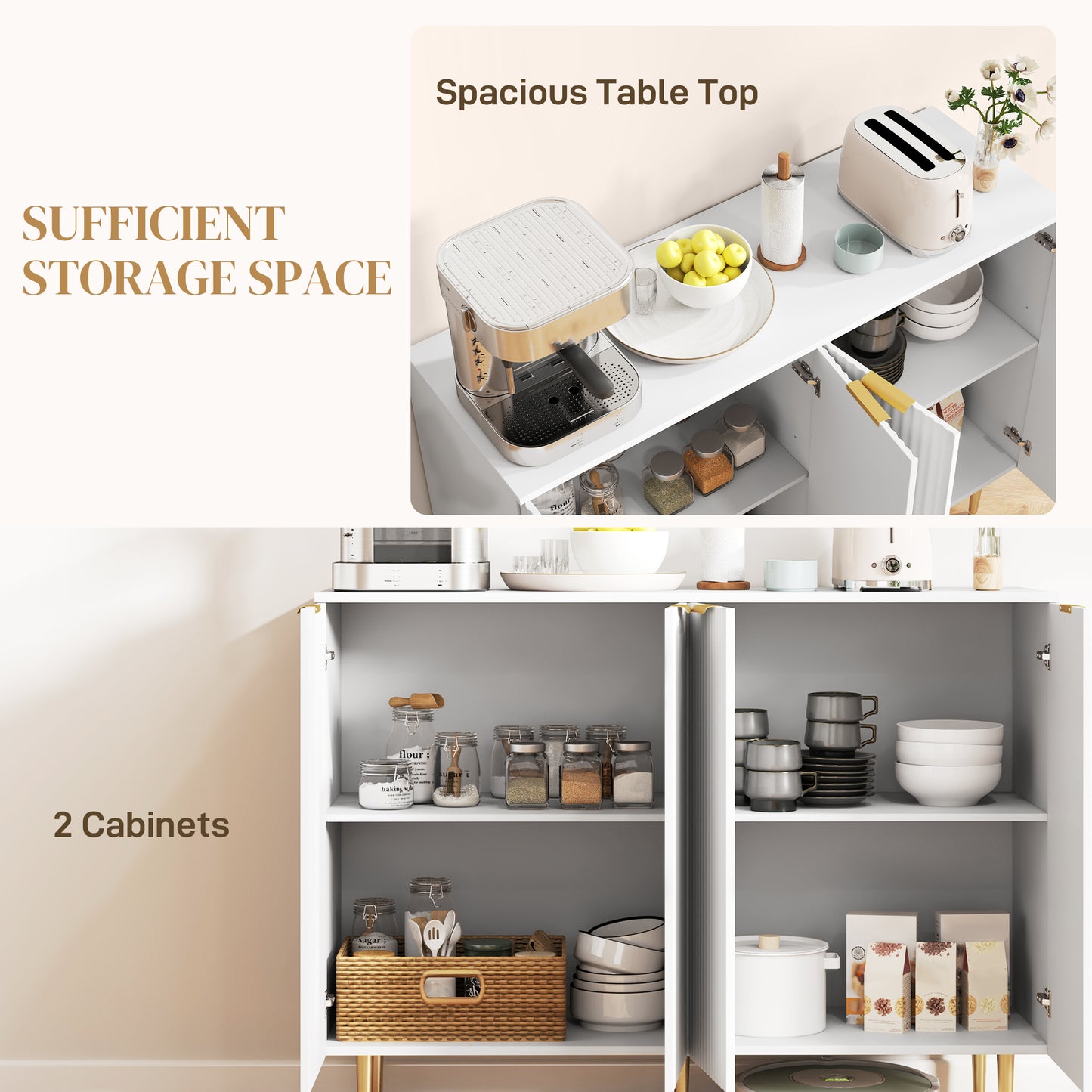 HOMCOM Sideboard Buffet Cabinet, Modern Kitchen Storage Cabinet with Adjustable Shelves and Metal Legs, White