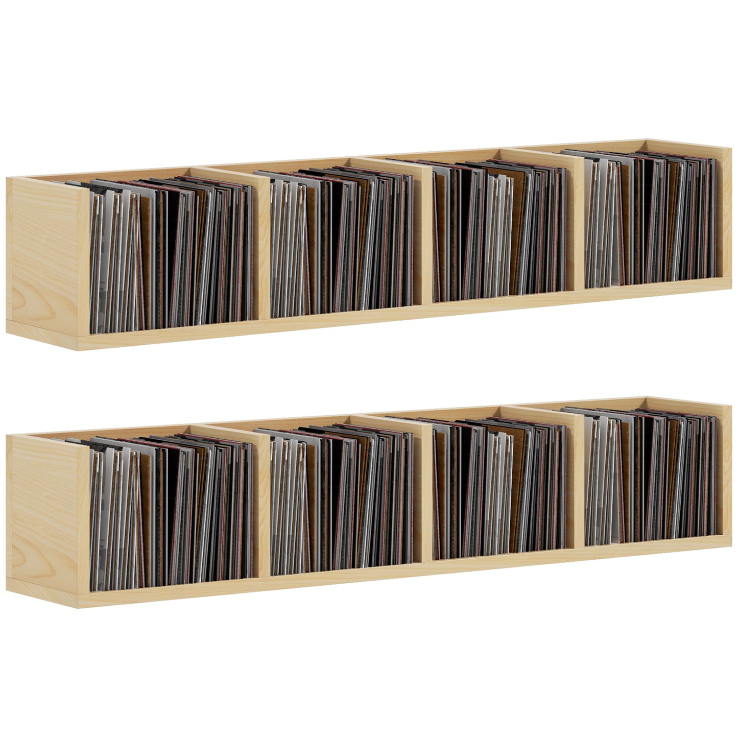 Photo of HOMCOM Wall Mount 84 CD / 56 DVD/Blu-ray/ Media Storage Rack 4 Cubes, Wooden Shelf Organiser Unit Bookcase Display, Set of 2, Natural Wood Finish in Finish colour on a white background