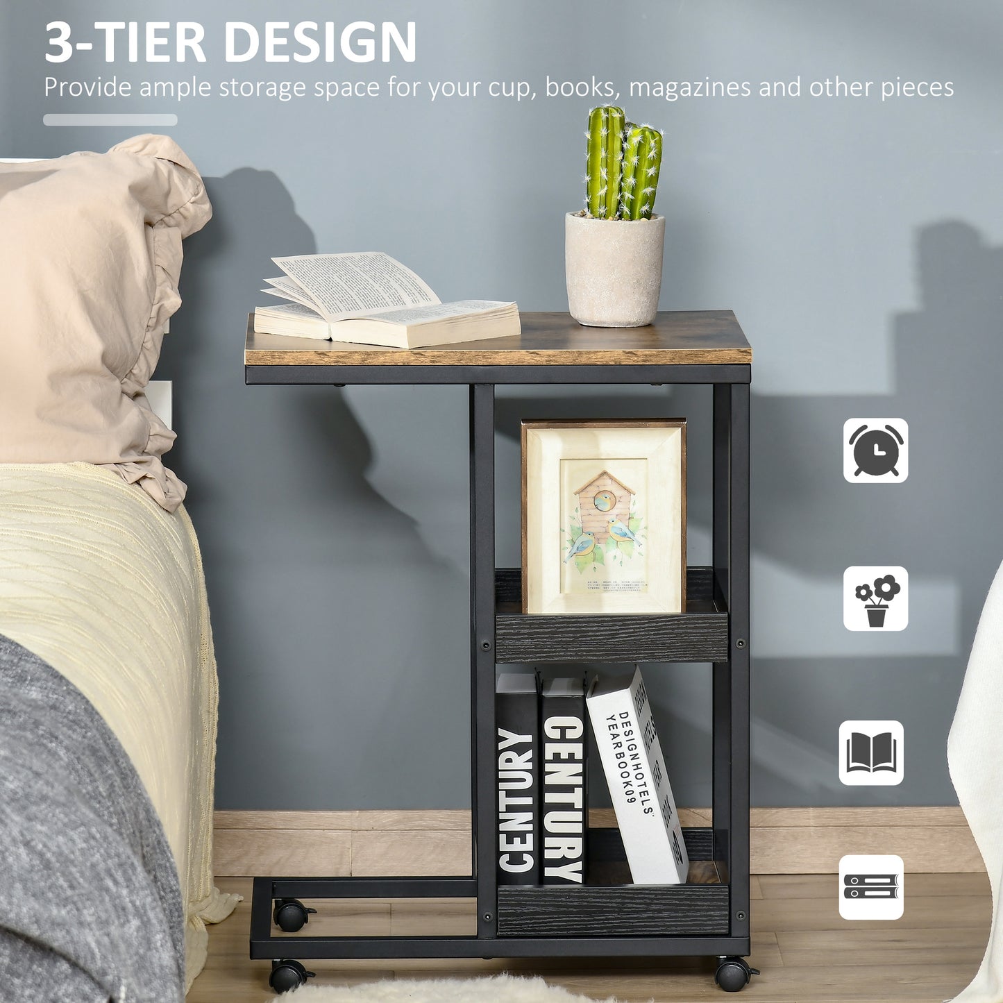 HOMCOM Mobile Sofa Side Table Set of 2, Industrial C-Shaped Rolling Table with 3-Tier Storage Shelving, Four Lockable Wheels Steel Frame, Dark Brown