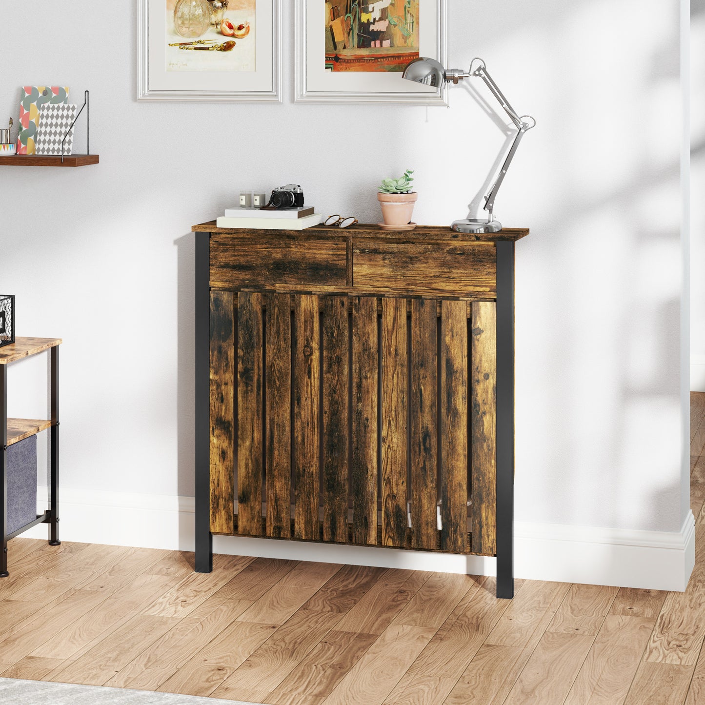 HOMCOM 93 x 88.5cm Rustic-Look Radiator Cover - Brown/Black