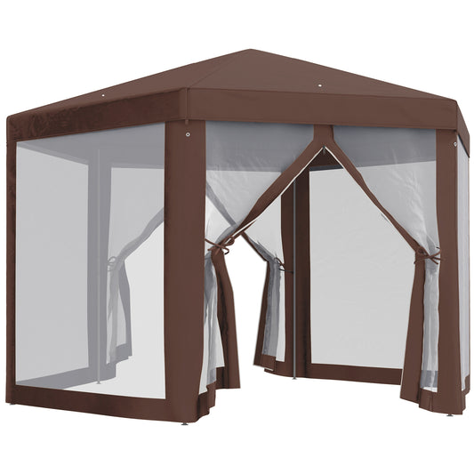 Photo of Outsunny Hexagonal Garden Gazebo Patio Party Outdoor Canopy Tent Sun Shelter with Mosquito Netting and Zipped Door, Brown in Brown colour on a white background