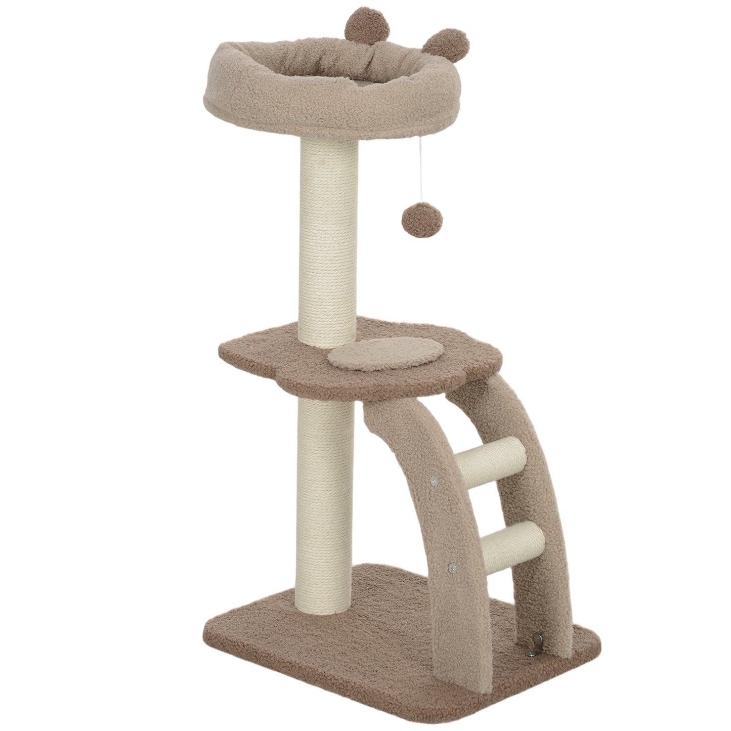 Photo of PawHut Cat Tree for Indoor Cats, 88cm Cat Tower with Sisal Scratching Post, Hanging Ball, Large Cat Perch, Stairs, Brown in Brown colour on a white background