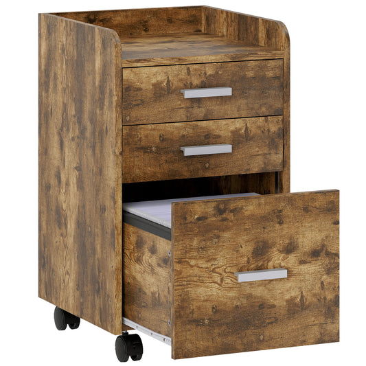 Photo of HOMCOM 3 Drawer Filing Cabinet, Rolling File Cabinet with Edged Top for Letter, A4 Size, Hanging File Folders, Rustic Brown in Brown colour on a white background