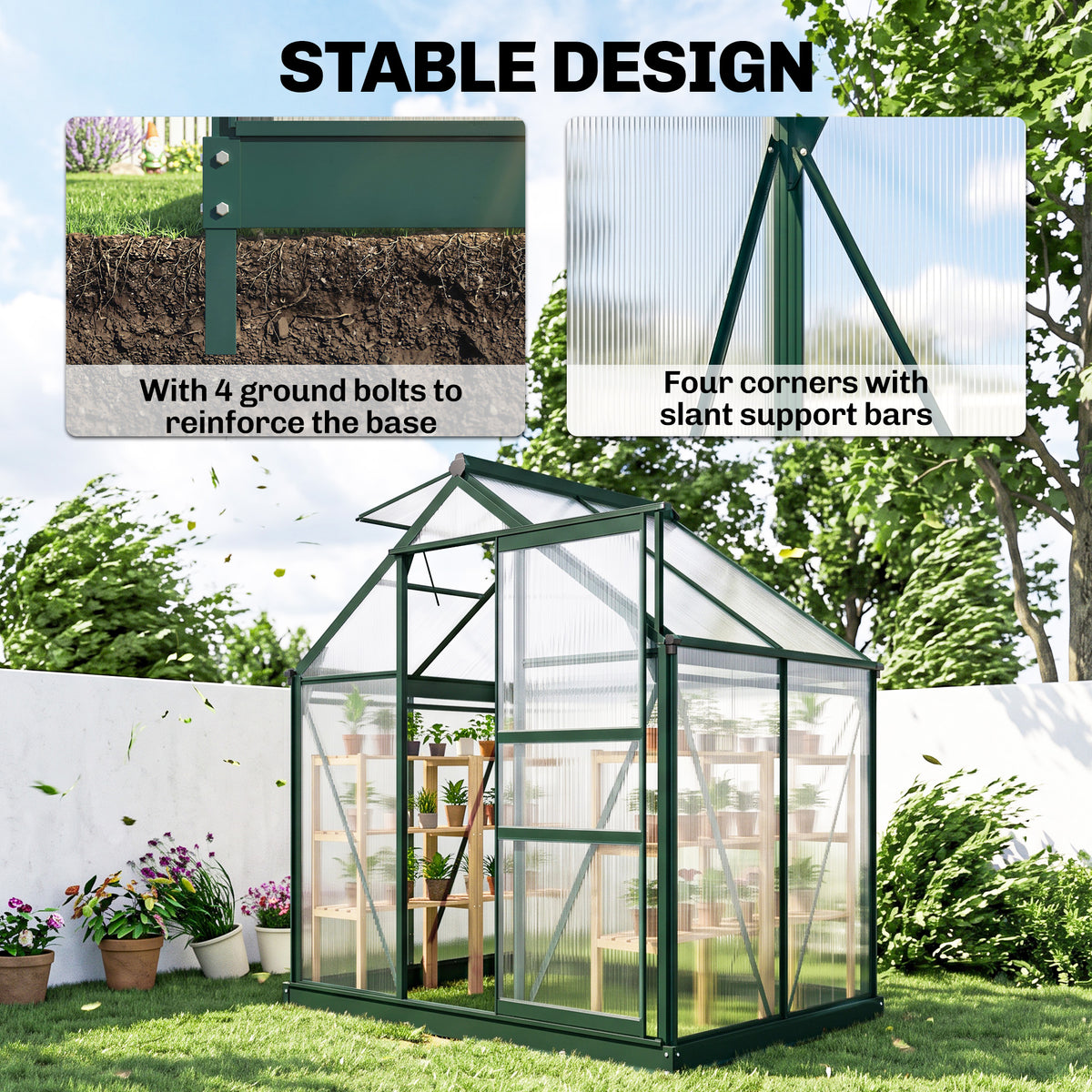 Outsunny walk-in greenhouse with a braced frame, polycarbonate panels, and sliding door