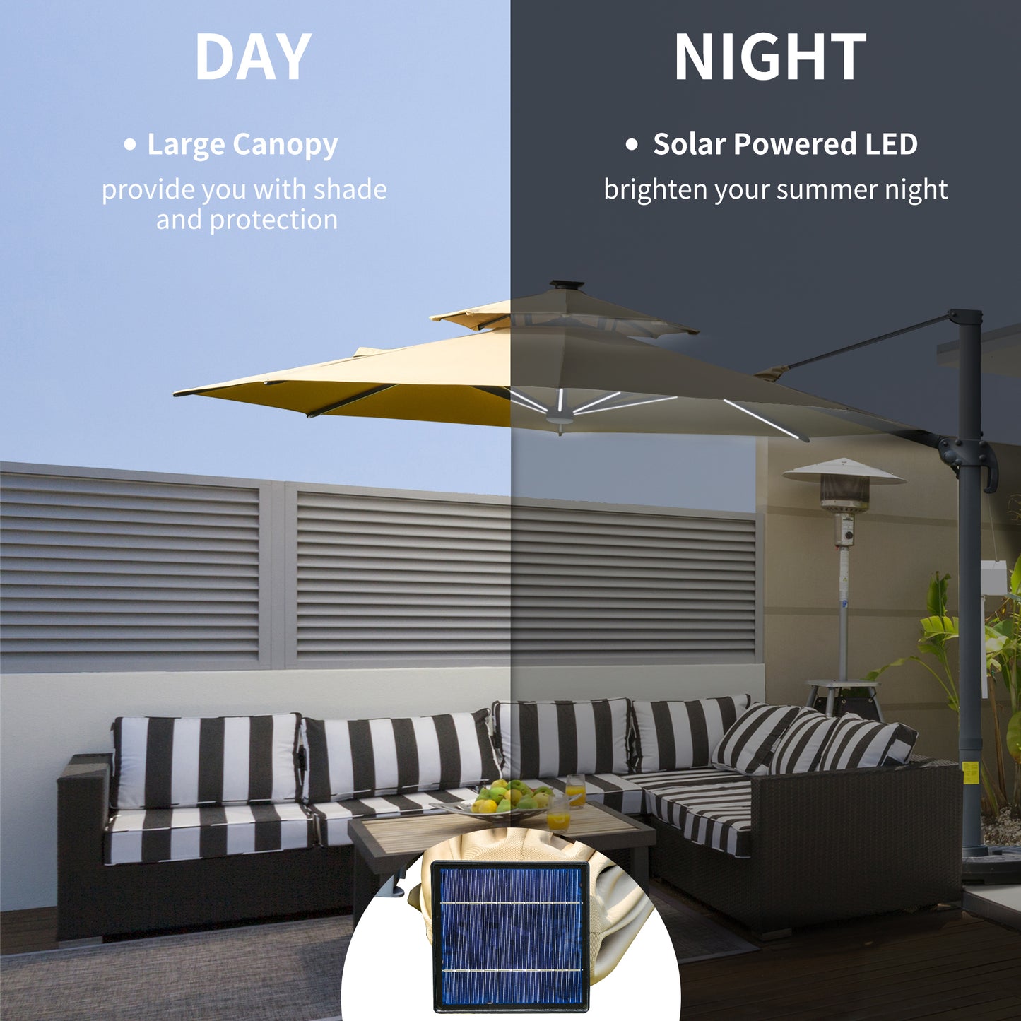 Outsunny 3m Cantilever Parasol with Solar Lights, Power Bank Base 360° Spin, Khaki