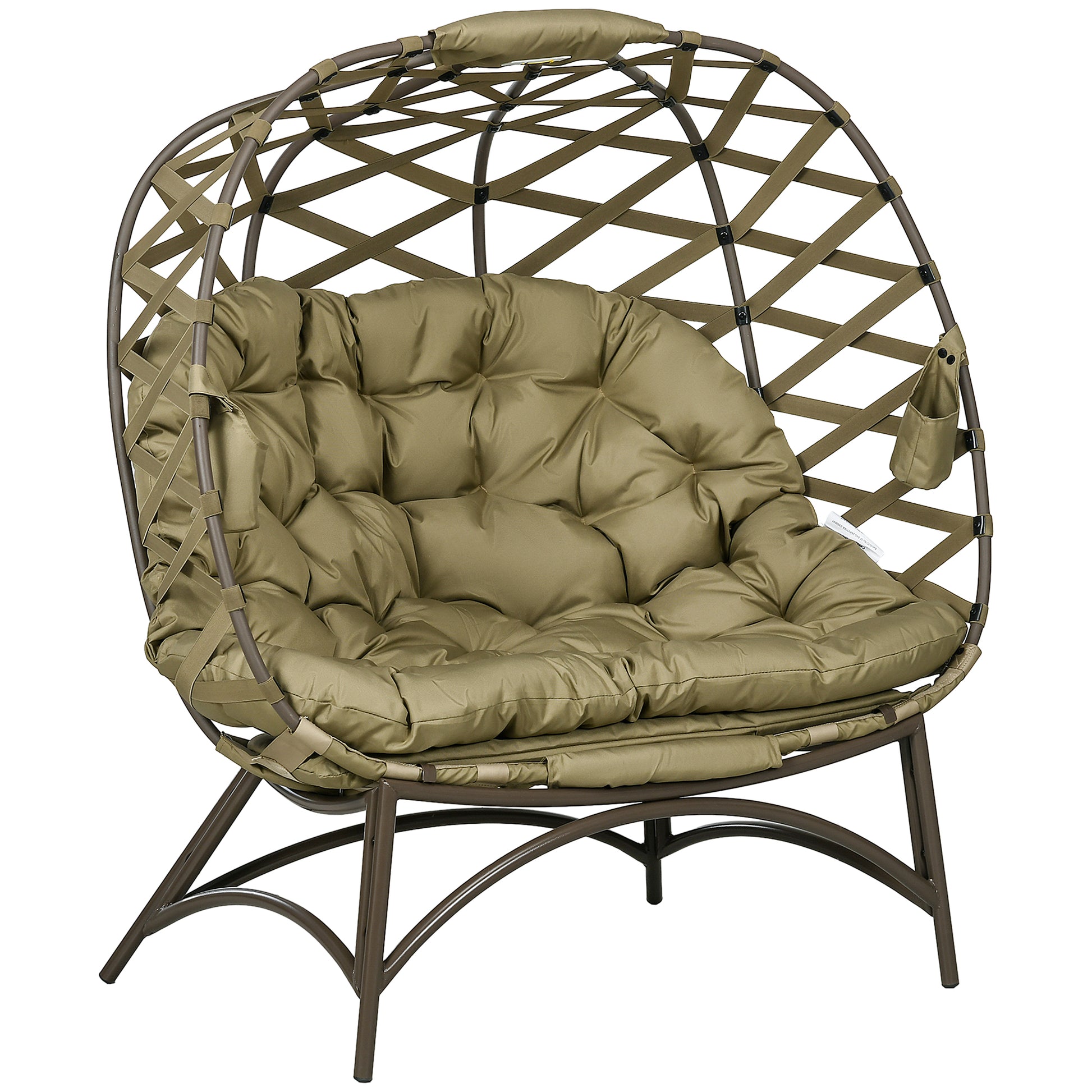 Photo of Outsunny 2 Seater Egg Chair Outdoor, Folding Weave Garden Furniture Chair with Cushion, Cup Pockets - Khaki in Khaki colour on a white background