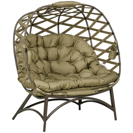 Photo of Outsunny 2 Seater Egg Chair Outdoor, Folding Weave Garden Furniture Chair with Cushion, Cup Pockets - Khaki in Khaki colour on a white background