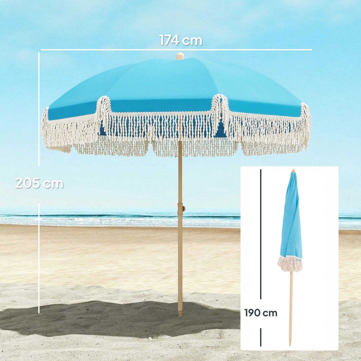 Outsunny 1.7 m Beach Umbrella with Sand Anchor, 30° Tilting Fringed Beach Garden Parasol with Adjustable Height, Grey