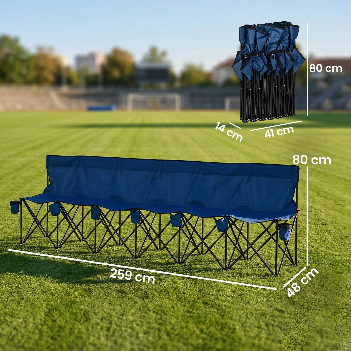 Blue folding camping chair shown open beside its compact folded form, with dimensions