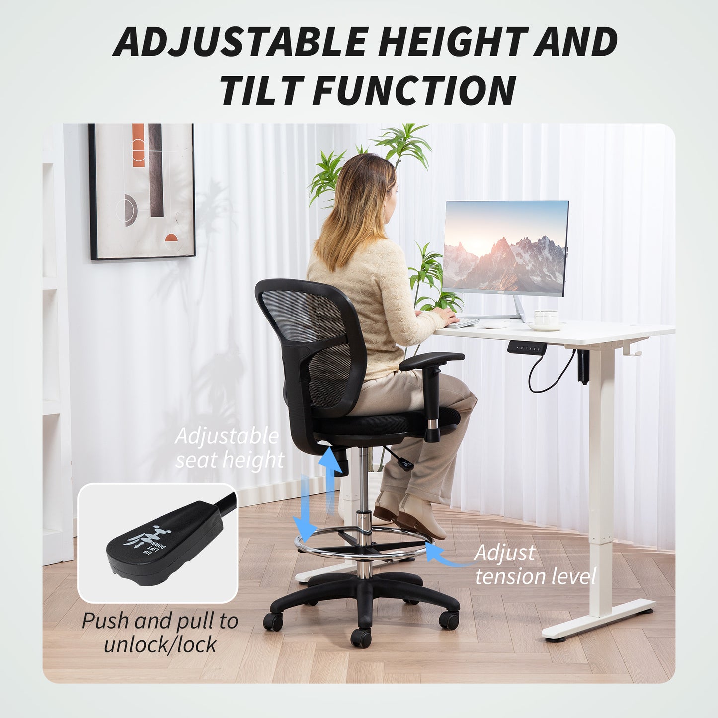 HOMCOM Drafting Chair with Adjustable Armrests, Ergonomic Mesh Office Chair with Lumbar Support, Adjustable Height and Footrest for Standing Desk, Black