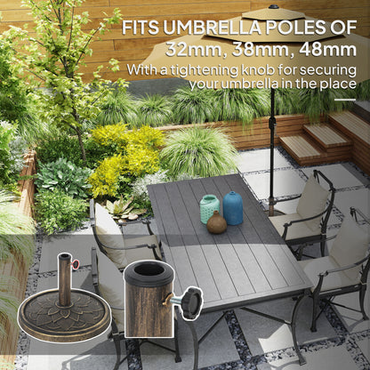 Bronze-tone parasol base shown with umbrella pole and tightening knob for three pole sizes