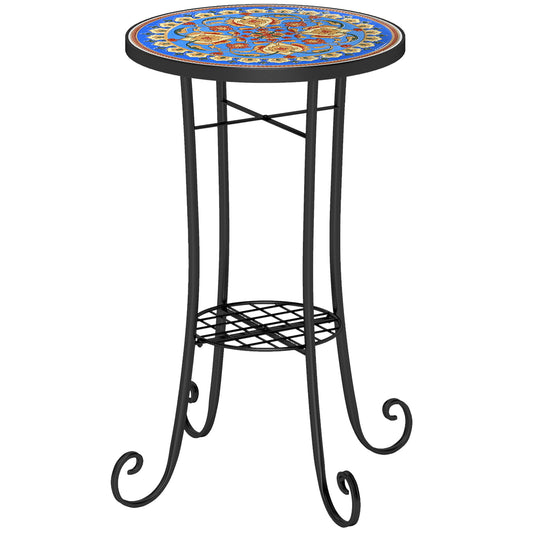 Photo of Outsunny Mosaic Garden Table, 35.5 cm Round Outdoor Table with Shelf, Ceramic Tile Top, Small Garden Side Table Bistro Table End Table Plant Stand for Indoor, Patio, Balcony, Blue in Blue colour on a white background