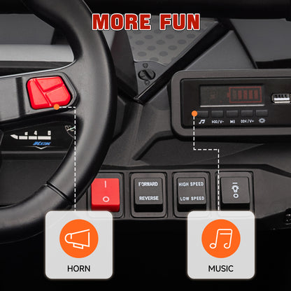 Ride-on truck dashboard with steering wheel, horn, music controls, and USB port