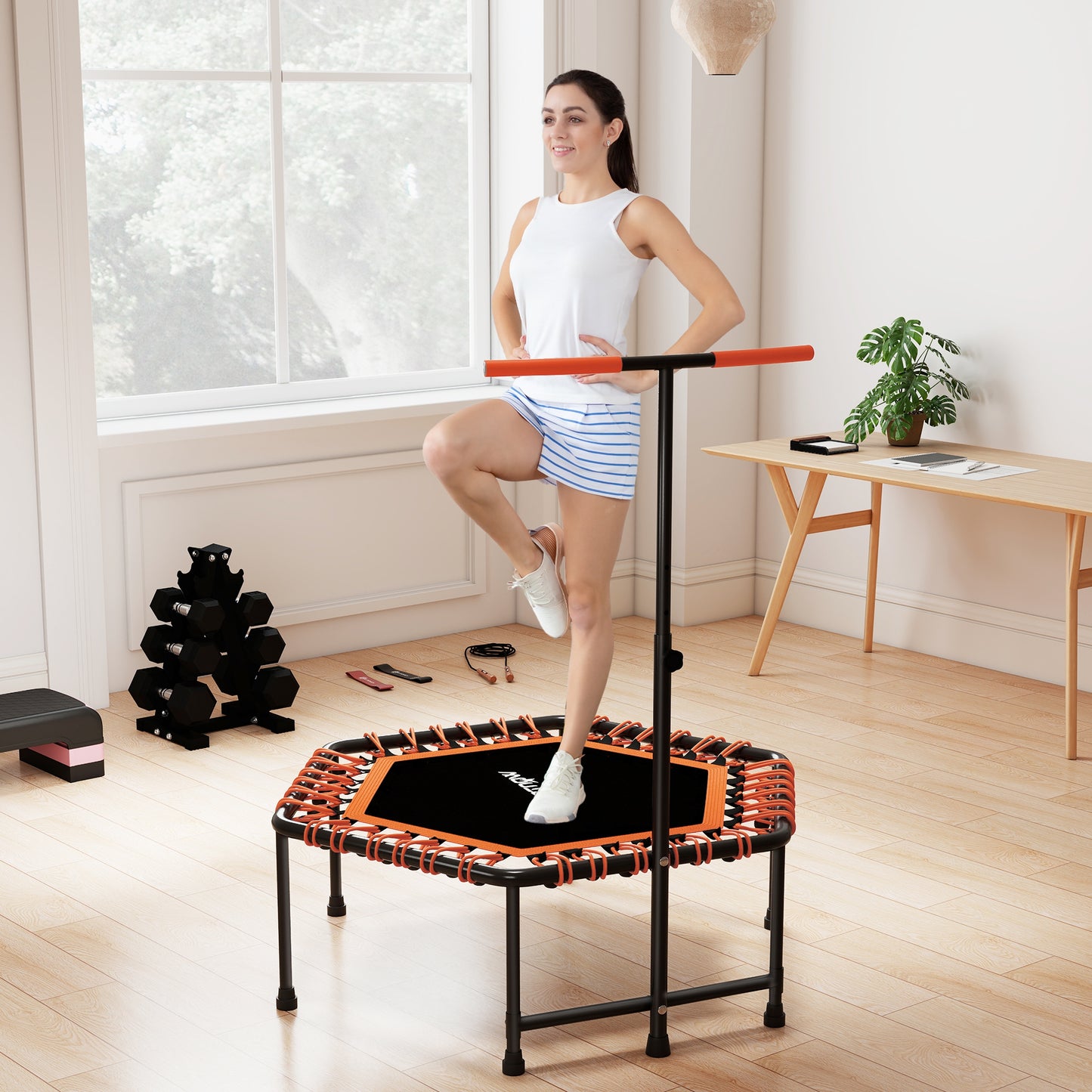 SPORTNOW 45" Rebounder Trampoline for Adults, Quiet Bungee Rebounder with LED Lights and Adjustable Handle, Orange