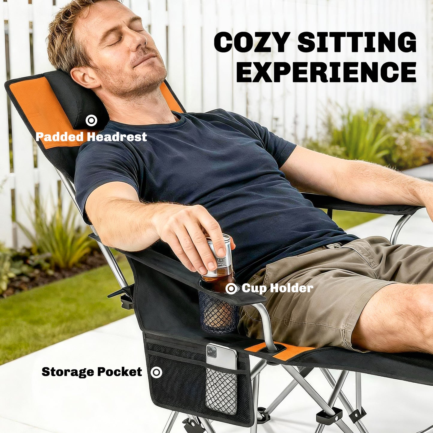 Outsunny Set of 2 Reclining Folding Camping Chair w/ Detachable Footrest, Storage Bag, Cup Holder & Headrest, Lightweight Portable Camp Chair for Beach, Picnic, Orange and Black