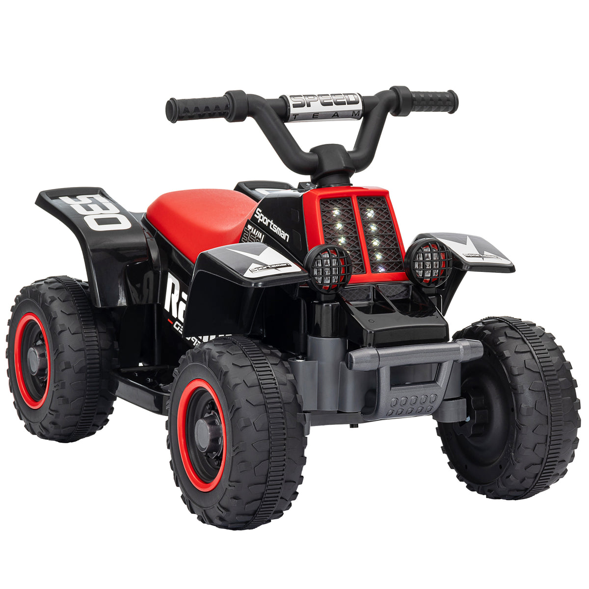 AIYAPLAY black and red 6V ride-on quad bike with chunky tires and front headlights