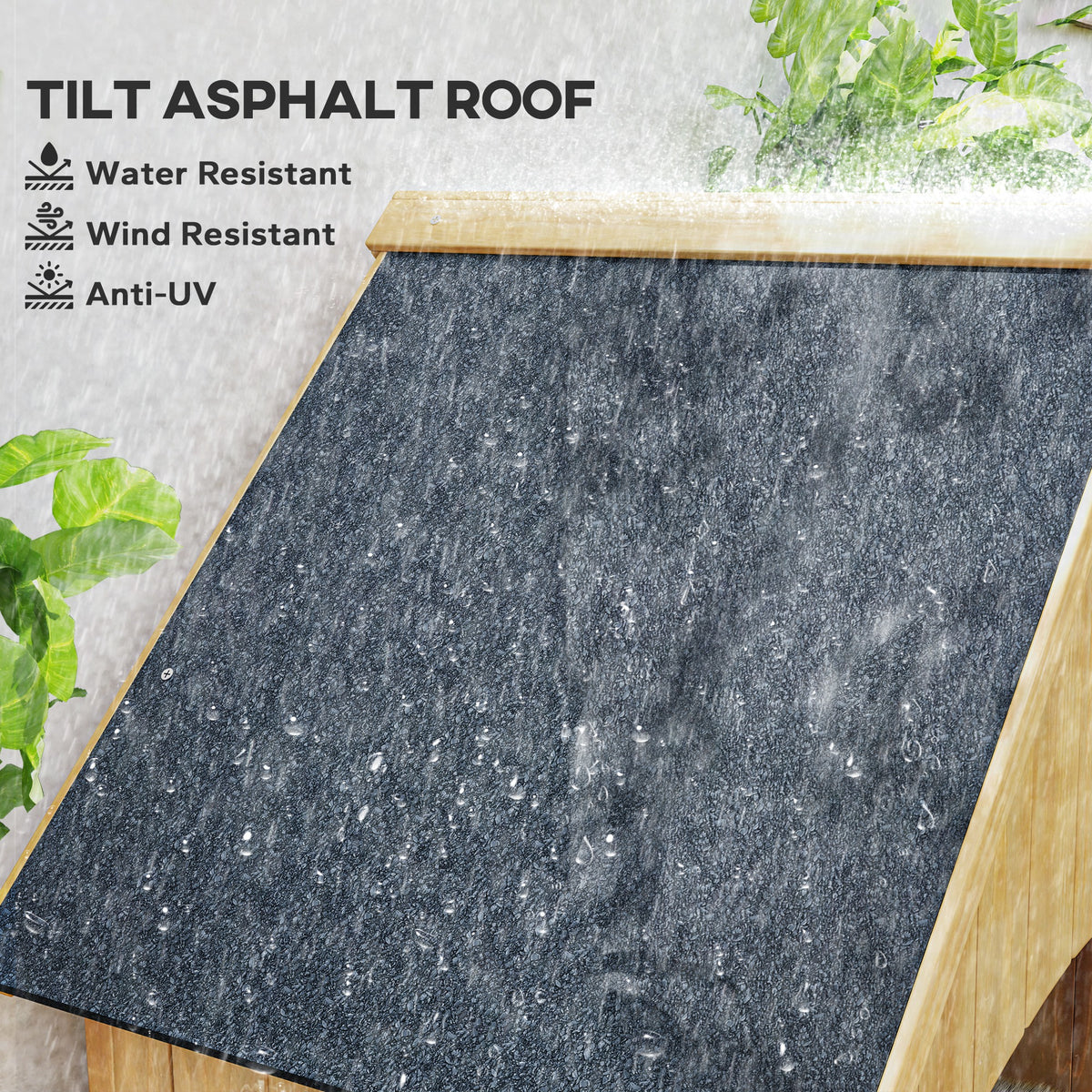 Wooden garden storage shed roof with dark asphalt covering and sloped design