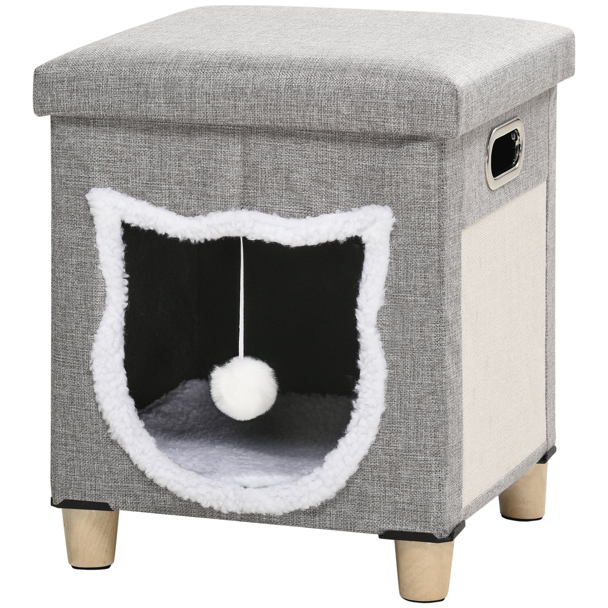 Photo of PawHut Cat House Cave, Cat Bed Cube with Scratching Pad, Soft Detachable & Washable Cushion, Toy Ball, for Indoor Kittens, Grey in Grey colour on a white background