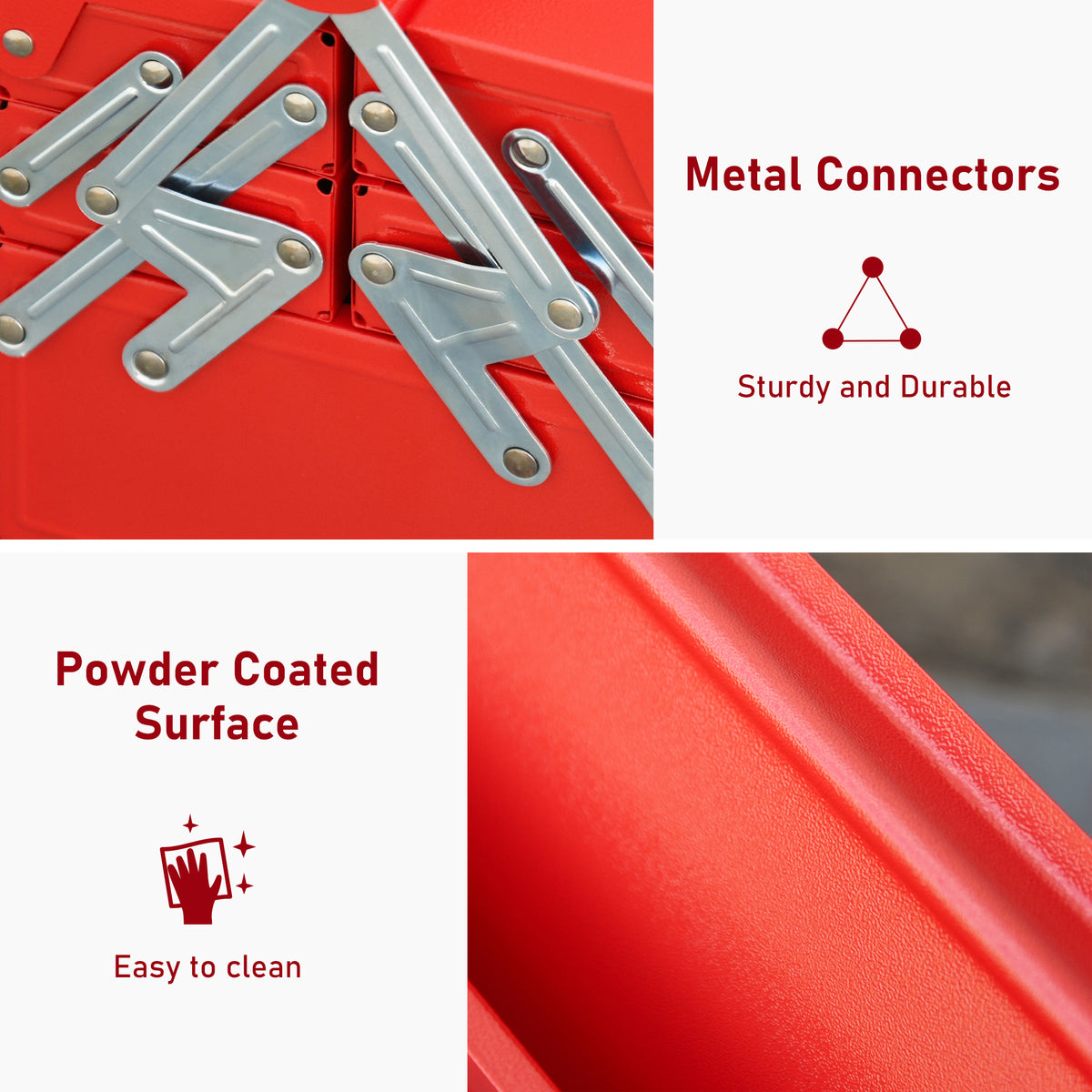 Close-ups of the red toolbox's silver metal connectors and textured powder-coated finish