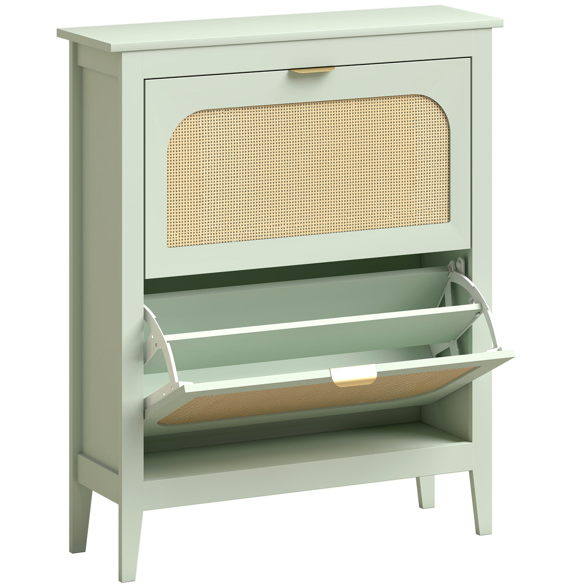 Photo of HOMCOM Narrow Shoe Cabinet, Boho Slim Shoe Storage Cabinet with 2 Flip Drawers, Holds 14 Pairs, Light Green in Green colour on a white background