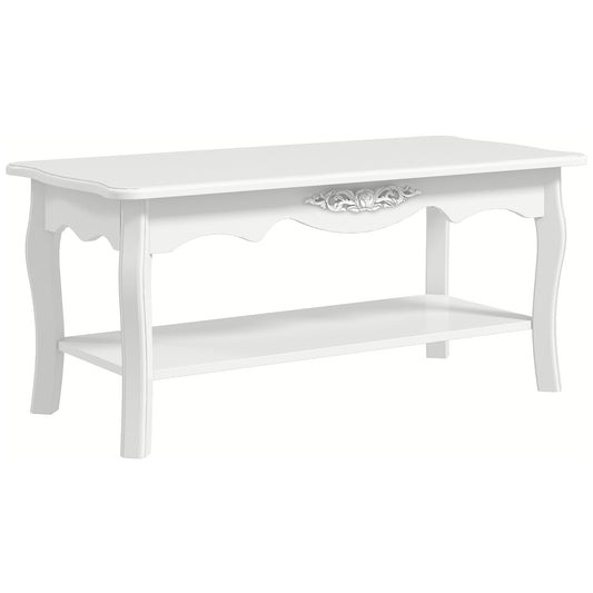 Photo of HOMCOM White Coffee Table Wood Cocktail Tea Centre Table with Storage Shelf for Living Room Reception Room, 94L x 44W x 42H cm in cm colour on a white background