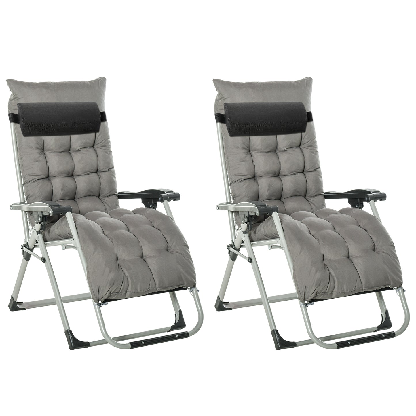 Photo of Outsunny 2pc Reclining Zero Gravity Sun Loungers ,Folding Chaise Lounge Chair with Cushions, Dark Grey in Grey colour on a white background