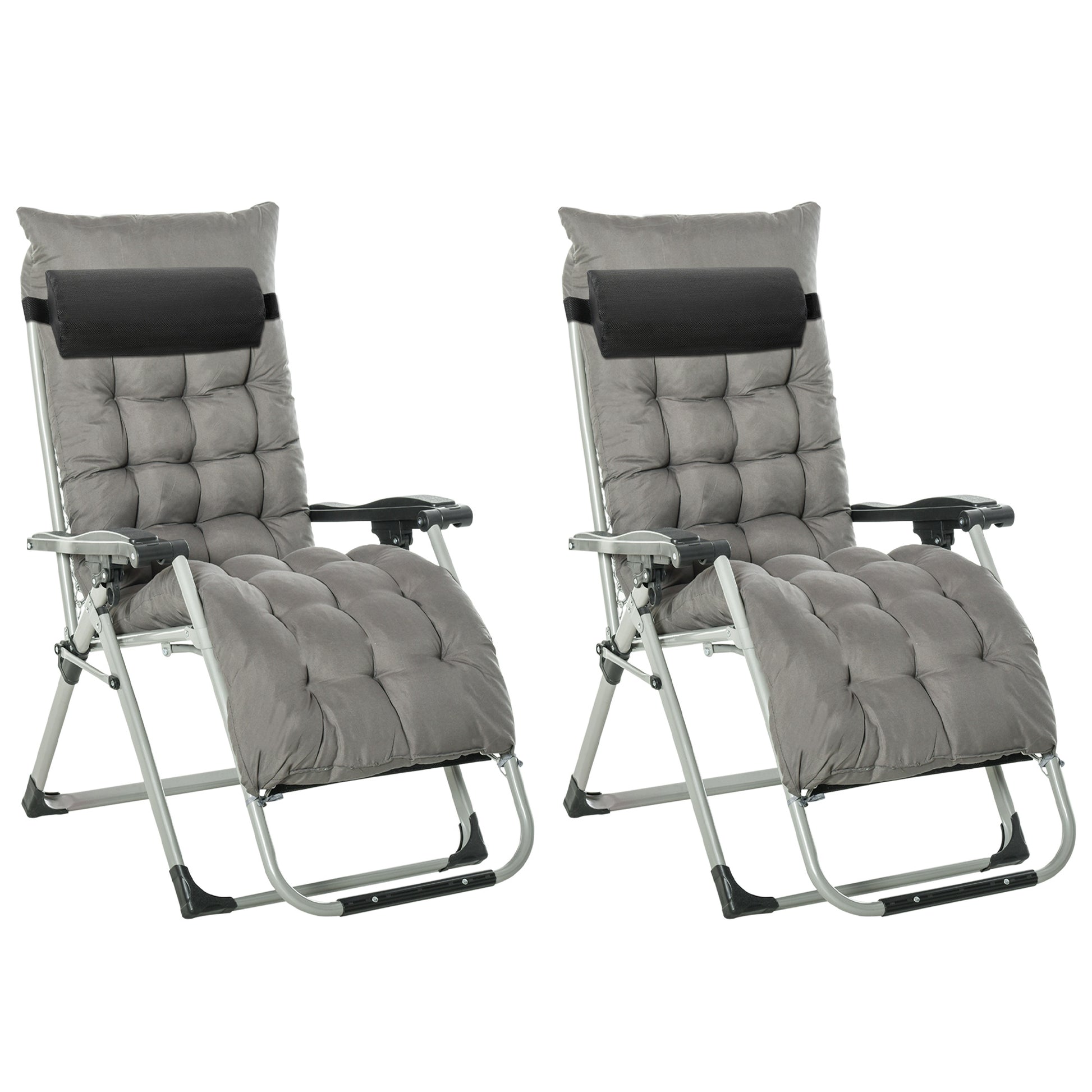 Photo of Outsunny 2pc Reclining Zero Gravity Sun Loungers ,Folding Chaise Lounge Chair with Cushions, Dark Grey in Grey colour on a white background