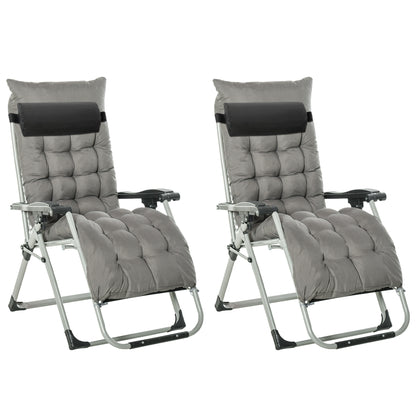 Two padded dark gray zero-gravity loungers with adjustable head pillows and cup holders