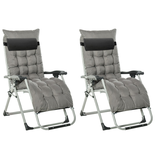 Photo of Outsunny 2pc Reclining Zero Gravity Sun Loungers ,Folding Chaise Lounge Chair with Cushions, Dark Grey in Grey colour on a white background