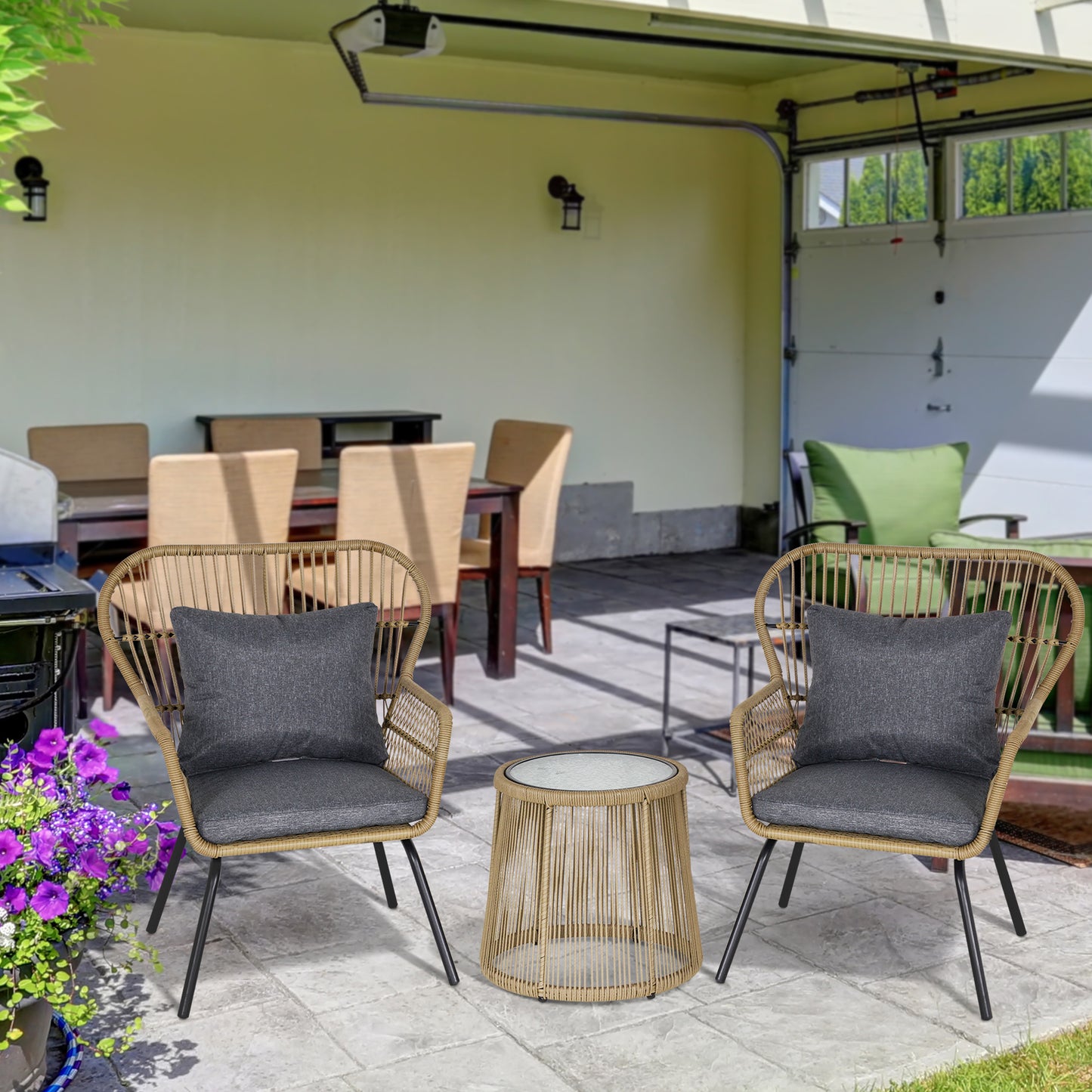 Outsunny 3 Pieces Rattan Bistro Set, Wicker Garden Furniture Set with Cushions, Glass Top Coffee Table and Chairs for Outdoor,  Small Garden, Patio, Brown