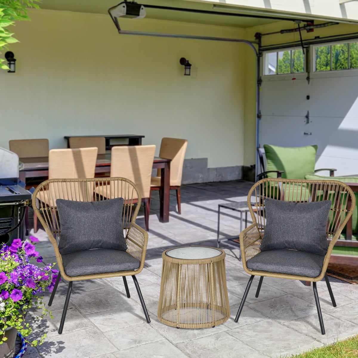 Outsunny 3 Pieces Rattan Bistro Set, Wicker Garden Furniture Set with Cushions, Glass Top Coffee Table and Chairs for Outdoor,  Small Garden, Patio, Brown