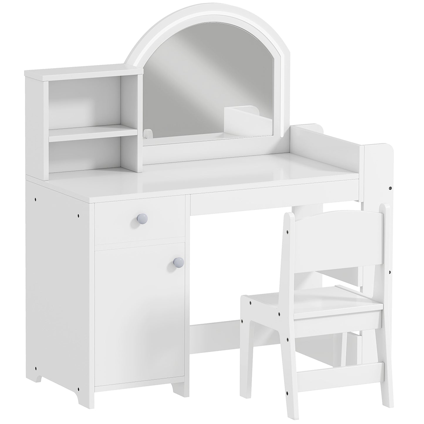 Photo of AIYAPLAY Kids Vanity Table and Chair Set, Girls Dressing Table with 2-Colour LED Mirror, Stool, Cabinet, Drawer, Shelves, White in White colour on a white background