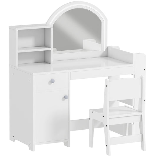 Photo of AIYAPLAY Kids Vanity Table and Chair Set, Girls Dressing Table with 2-Colour LED Mirror, Stool, Cabinet, Drawer, Shelves, White in White colour on a white background
