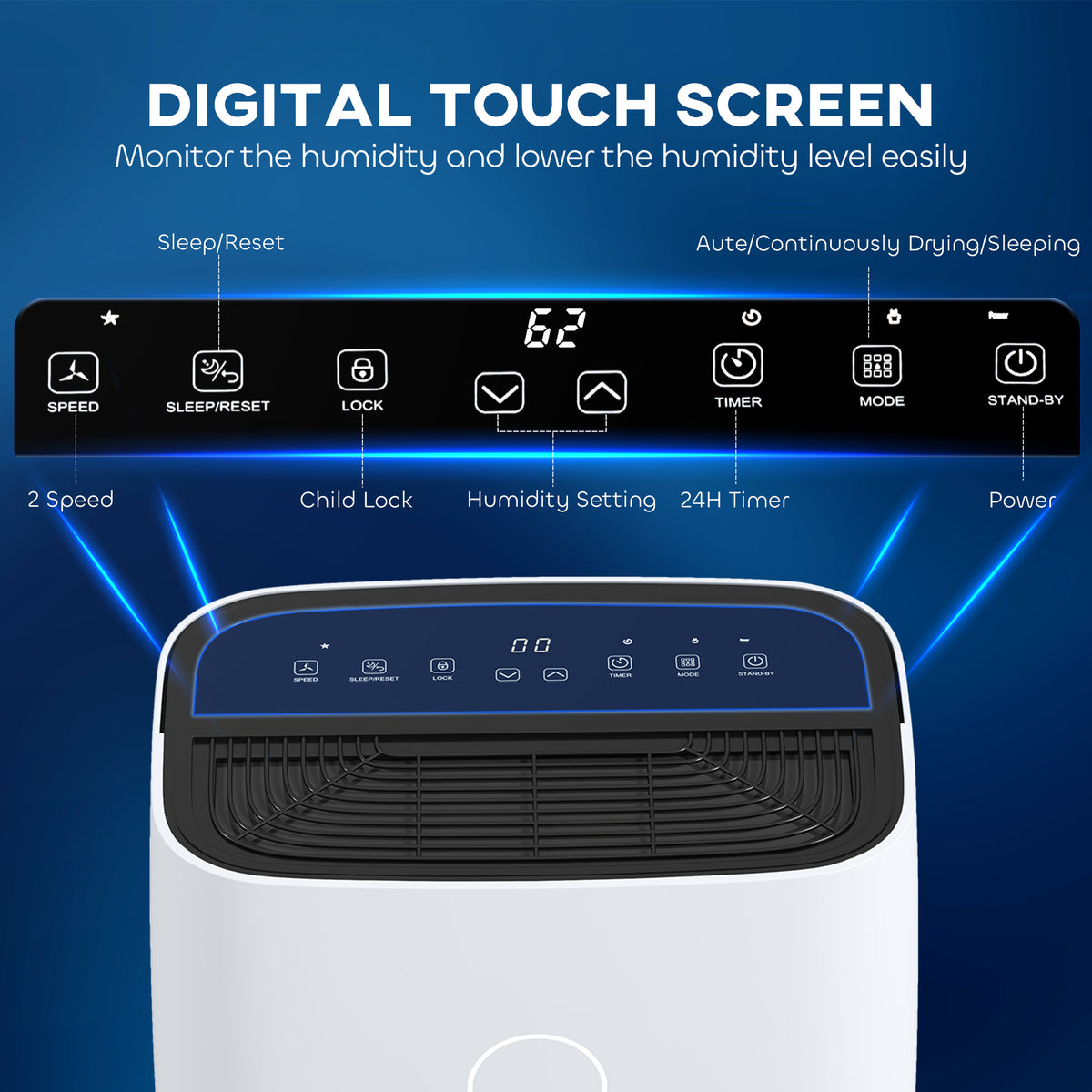 HOMCOM dehumidifier top touch control panel with digital humidity display and air outlet