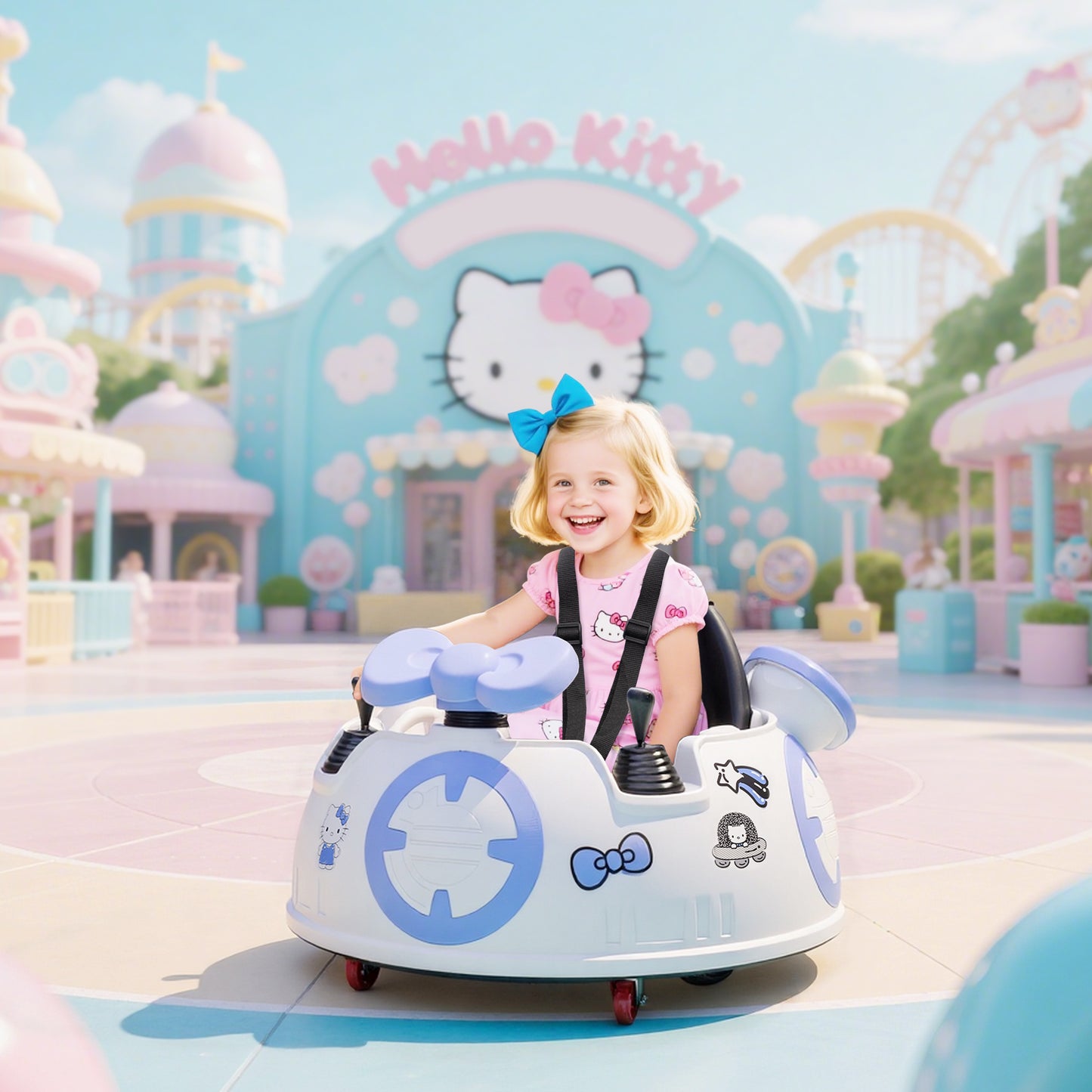 AIYAPLAY Hello Kitty Kids Ride on Bumper Car with Remote Control, Two Joysticks, Music, Lights, Safety Belt, White