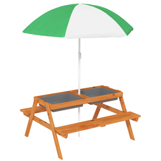 Photo of Outsunny Kids Picnic Table with Benches, Wooden Sand and Water Table, Adjustable Parasol, Storage Bins, for Kids 3-6 Years, Brown in Brown colour on a white background