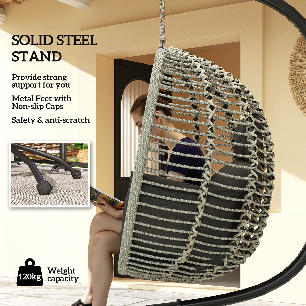 Outsunny egg chair side view showing woven basket and steel stand