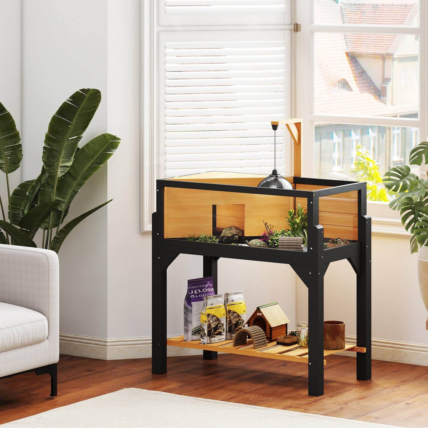 PawHut Wooden Tortoise House with Storage Shelf, Clear Observation Windows, Lamp Holder, Openable Top, Built-in Tray, Yellow