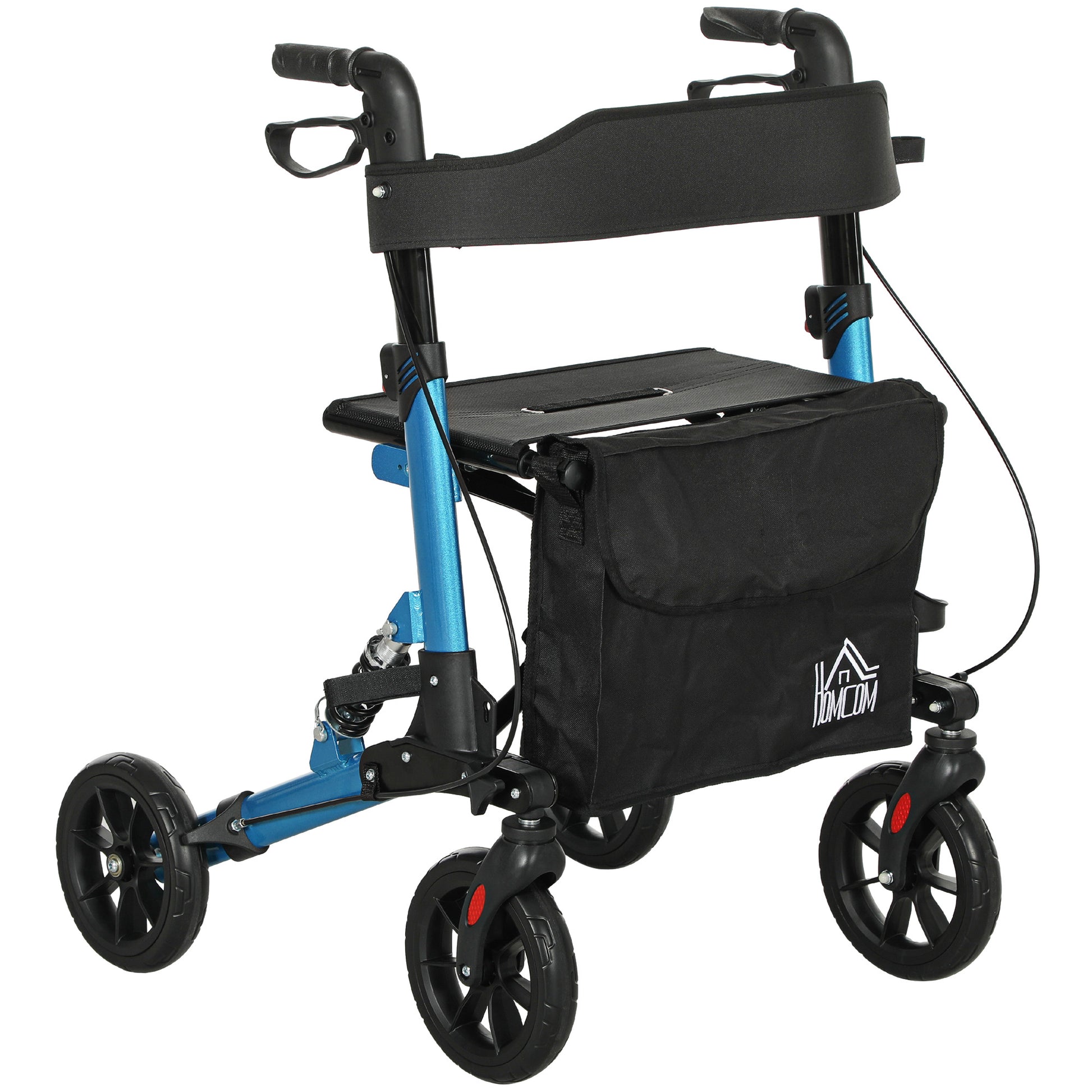 Photo of HOMCOM Folding Rollator Walker with Seat, Backrest, Lightweight Walking Frame with Storage Bag, Dual Brakes, Adjustable Handle Height, Suspension System, 4 Wheeled Walker for Seniors, Blue in Blue colour on a white background