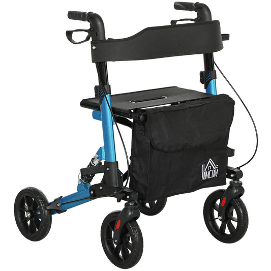 Photo of HOMCOM Folding Rollator Walker with Seat, Backrest, Lightweight Walking Frame with Storage Bag, Dual Brakes, Adjustable Handle Height, Suspension System, 4 Wheeled Walker for Seniors, Blue in Blue colour on a white background