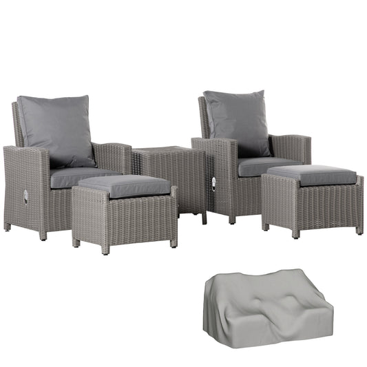 Photo of Outsunny 5 Pieces Outdoor PE Rattan Garden Furniture with Cushions, Patio Lounge Adjustable Backrest Chairs, Footstools and Cooler Bar Coffee Table & Cover, Grey in Grey colour on a white background