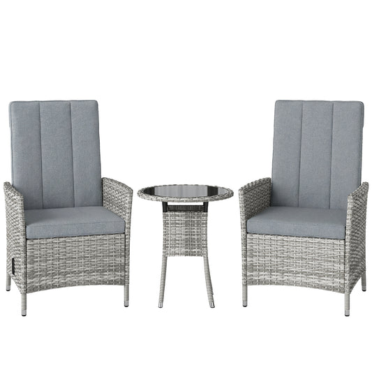 Photo of Outsunny Rattan Bistro Set, Reclining Garden Chairs and Glass Coffee Table with Cushions for Patio Balcony Porch, Light Grey in Grey colour on a white background
