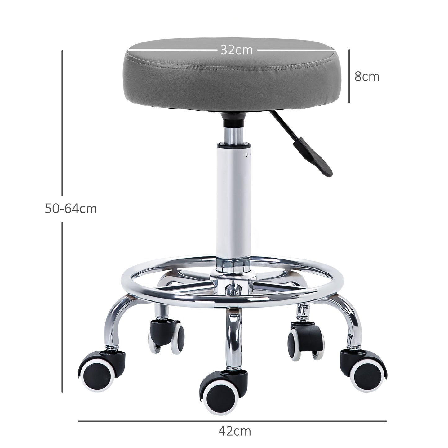 Vinsetto PU Leather Rolling Stool, Height Adjustable Stool Chair with Wheels for Salon, Massage, Spa, Grey