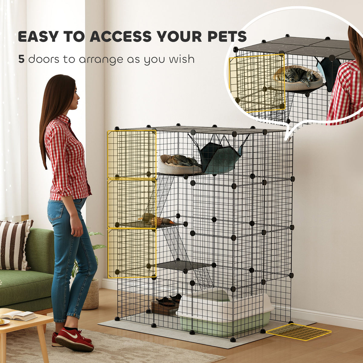 PawHut cat cage with five access doors, hammock, and ramps