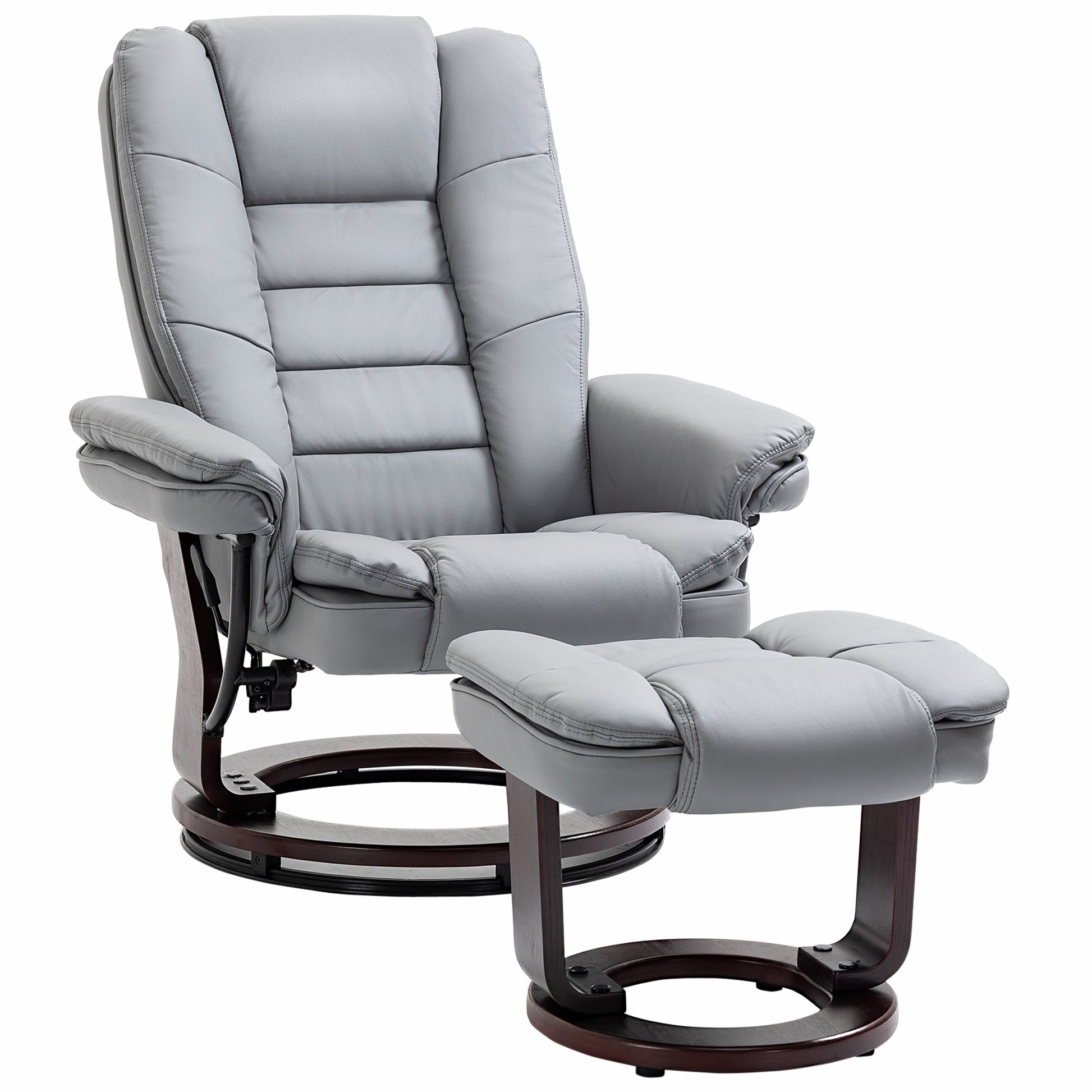 Photo of HOMCOM Manual Recliner and Footrest Set PU Leather Leisure Lounge Chair Armchair with Swivel Wood Base, Grey in Grey colour on a white background