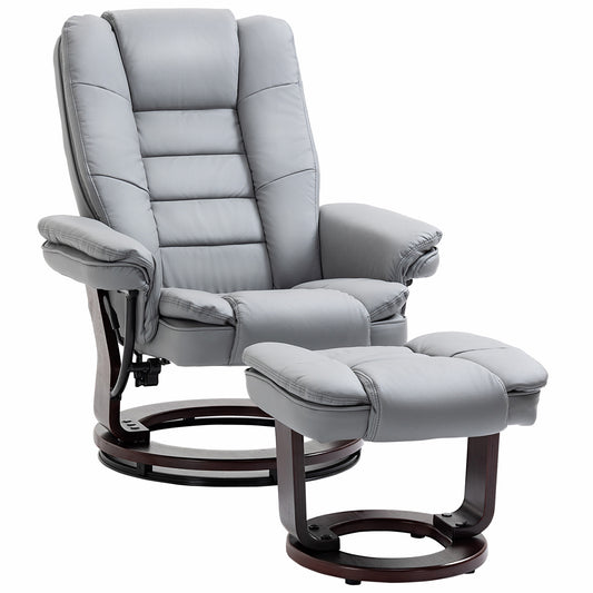 Photo of HOMCOM Manual Recliner and Footrest Set PU Leather Leisure Lounge Chair Armchair with Swivel Wood Base, Grey in Grey colour on a white background