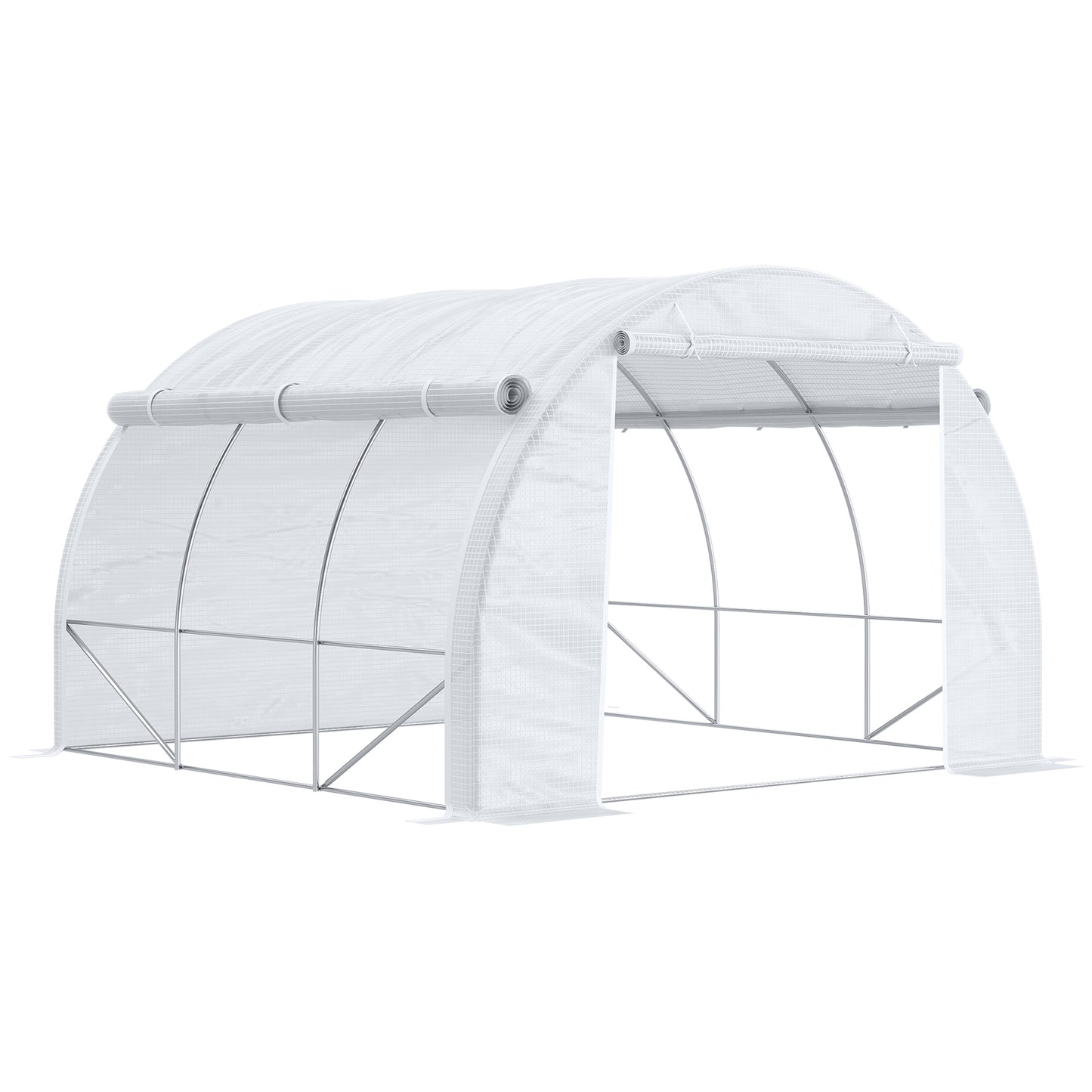 Photo of Outsunny 3 x 3 x 2 m Polytunnel Greenhouse with Roll-up Side Walls, Walk-in Grow House Tent with Steel Frame, Reinforced Cover, Zipped Door and 6 Mesh Windows for Garden, White in White colour on a white background