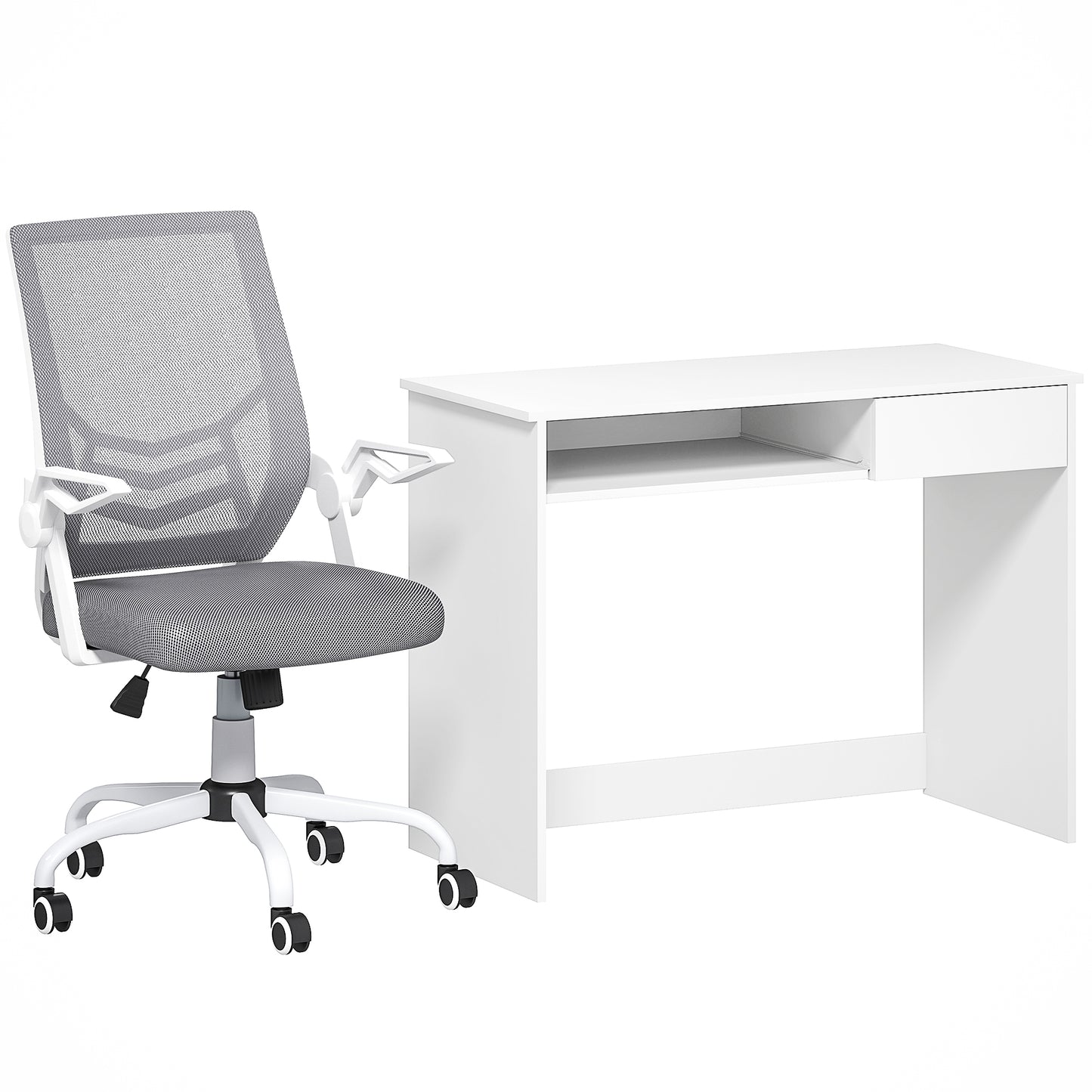 Photo of Vinsetto Home Office Chair and Computer Desk Set, Mesh Chair with with 90° Flip-up Armrest, Study Desk with Keyboard Tray and Drawer, White and Grey in Grey colour on a white background
