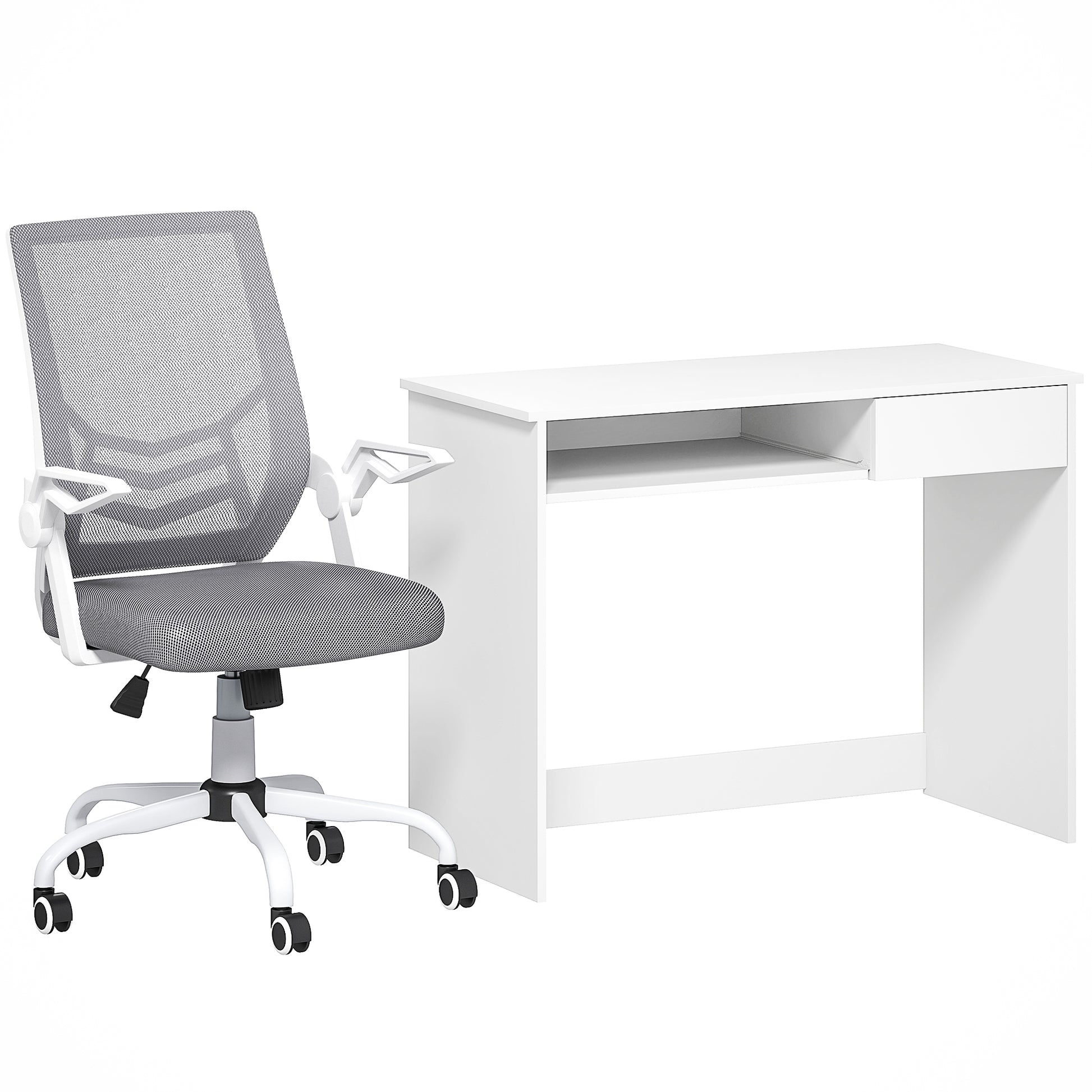 Photo of Vinsetto Home Office Chair and Computer Desk Set, Mesh Chair with with 90° Flip-up Armrest, Study Desk with Keyboard Tray and Drawer, White and Grey in Grey colour on a white background