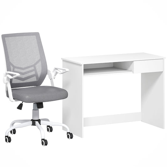 Photo of Vinsetto Home Office Chair and Computer Desk Set, Mesh Chair with with 90° Flip-up Armrest, Study Desk with Keyboard Tray and Drawer, White and Grey in Grey colour on a white background